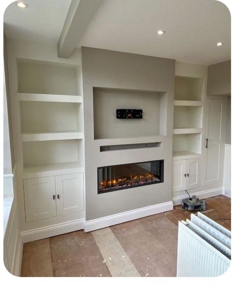 Media Wall With Fake Fireplace, Fireplace And Side Cabinets, Chimney Wall Shelves, Tv Unit Fireplace Modern, Recessed Wall Ideas Living Room, Recess Shelving Living Room, Built In Tv Wall Unit With Fireplace Shelving, Tv And Chimney Ideas, Tv Wall With Electric Fire