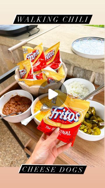 Macy Blackwell | Walking Chili Cheese Dogs!🌭 Everything you love on a chili cheese dog, but in a mess-free bag! So fun for summer nights around a fire!... | Instagram Backyard Camping Food Ideas, Walking Chili Cheese Dog, Fire Pit Food Ideas, Hot Dog Bar Ideas, Camping 2023, Frito Chili, Backyard Bbq Food, Coney Sauce, Macy Blackwell