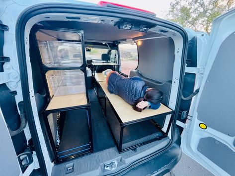 Camper Conversion Diy, Bed Shelving, Transit Van Conversion, Van Layouts, Ford Transit Camper Conversion, Ford Transit Connect Camper, Van Conversion Kits, Transit Connect Camper, Van Organization