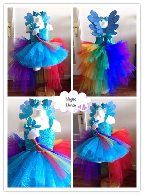 Tay's Rainbow Dash dress. Rainbow Dash Halloween Costume, Unicorn Dress Baby, Rainbow Dash Costume, Rainbow Dash Party, Pony Gift, My Little Pony Birthday Party, Little Pony Birthday Party, My Little Pony Costume, 5th Birthday Party Ideas