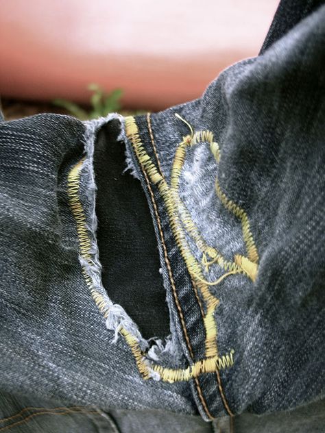 Fix the Crotch Hole in Your Jeans - wikiHow Damaged Jeans, How To Patch Jeans, Ripped Dress, Repair Jeans, Denim Repair, Sewing Alterations, Sew Ins, Grunge Dress, Denim Crafts