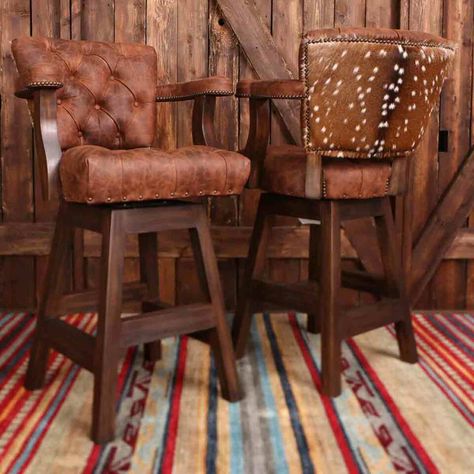 Oakmont Barstool Axis Deer Hide, Western Bar Stools, Axis Deer, Rustic Bar Stools, Counter Stools With Backs, Black Forest Decor, Deer Hide, Rustic Bar, Leather Bar Stools