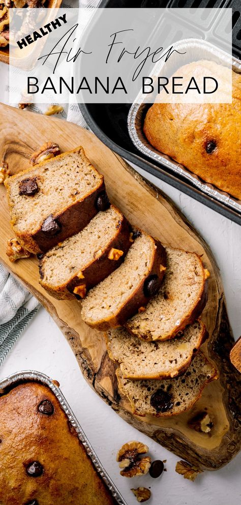 This healthy air fryer banana bread is perfectly moist, sweetened only with bananas, and cooks in half the time of oven-baked banana bread. Make this, and you won’t want to bake banana bread any other way again! Air Fryer Banana Bread, Healthy Air Fryer Banana, Airfryer Banana Bread, Banana Bread Air Fryer, Banana Bread In The Air Fryer, Banana Bread Airfryer, Clean Ingredient Banana Bread, No Sugar Banana Bread, Low Calorie Banana Bread