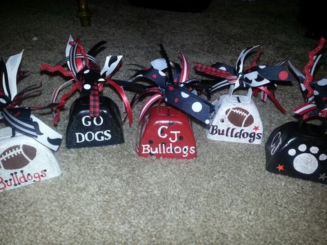 Football cowbells Cow Bells Football, Cowbell Decorations Football, Football Cowbells, Coachs Wife, Cowbell Decorations, High School Crafts, School Spirit Crafts, Cheer Wall, Panthers Cheer