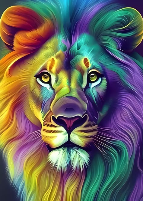 A psychedelic airbrush painting of a colorful lion radiating vivid hues of vibrant colors, capturing the essence of the wild, in a mesmerizing and mesmerizingly beautiful way. Colorful Animals Art, Colorful Animals Photography, Colorful Lion Painting, Colorful Animal Art, Wild Animal Art, Tekken Wallpaper, Wall Art Drawing, Colorful Animal Paintings, Drawing Crafts