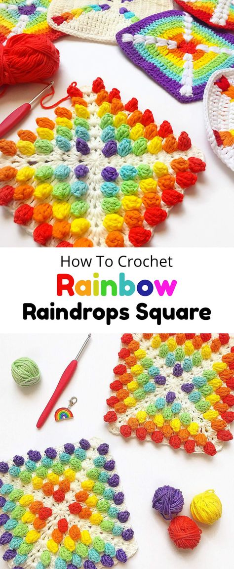 Crochet Rainbow Raindrops Square Rainbow Granny Square, Crochet Blanket Rainbow, Granny Square Häkelanleitung, Rainbow Raindrops, Squares Design, Crochet Mobile, Crochet Rainbow, Crochet Afghan Patterns Free, Design Crochet