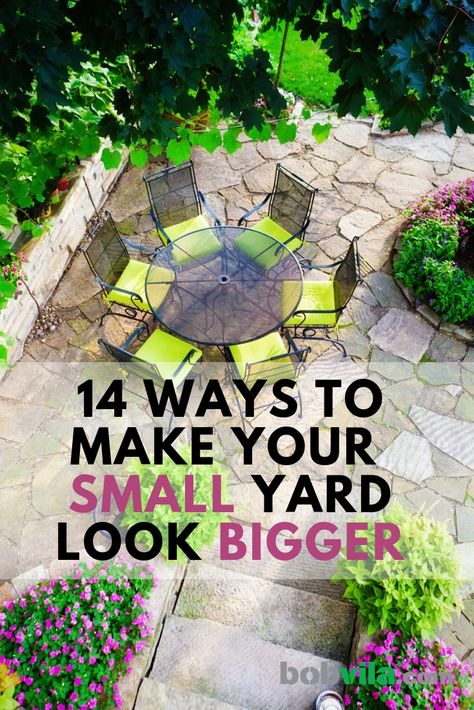 A small backyard doesn't mean it can't be enjoyable. There are plenty of creative and easy ways to make a small backyard feel bigger and be a fun place to hangout. Check out these 14 small backyard ideas. | 14 Ways to Make Your Small Yard Look Bigger Easy Small Garden Ideas, Small Yard Design, Small Backyard Design Layout, Backyard Design Ideas Budget, Small Yard Landscaping, Backyard Layout, Backyard Design Layout, Cheap Backyard, Courtyard Gardens Design