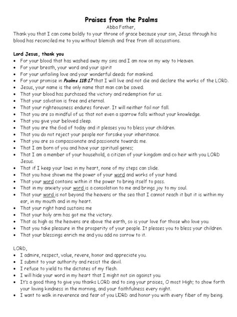 This document contains a prayer praising God and Jesus Christ for their salvation, love, mercy, and faithfulness. It lists over 30 things the author is thankful for, including Jesus' blood washing away sins, God's word being a source of comfort, and God's love being as high as the heavens. The author expresses admiration, respect, and submission to God, and a desire to walk in God's ways and praise God with their whole being through singing, speaking of God's works, and meditating on God. How To Praise God, Christian Glowup, Praises To God, Thanksgiving Prayers, Jesus Blood, Kingdom Marriage, God And Jesus, Prayer Of Praise, Praising God