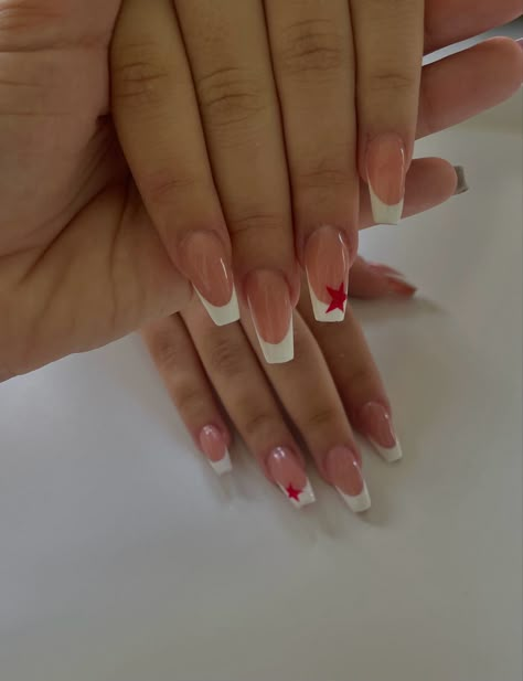 White French Tip Nails With Star Design, Nails Star French Tip, French Nails With Star Design, French Acrylics With Design, French Tip Nails With Design On One Nail, Cool White French Tip Nails, Old Fashion French Tip Nails, French Nail With Star, White French Tip With Star Design