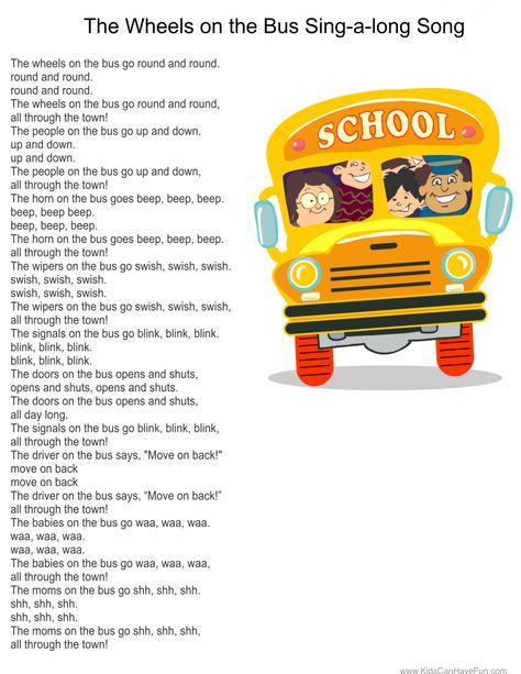 Wheels on the Bus Sing-a-long Poster - Tip Junkie Daycare Songs, Bus Activities, Wheels On The Bus Song, Long Poster, Preschool Poems, Nursery Rhymes Poems, Rhymes Lyrics, Nursery Rhymes Lyrics, Teacher Printables