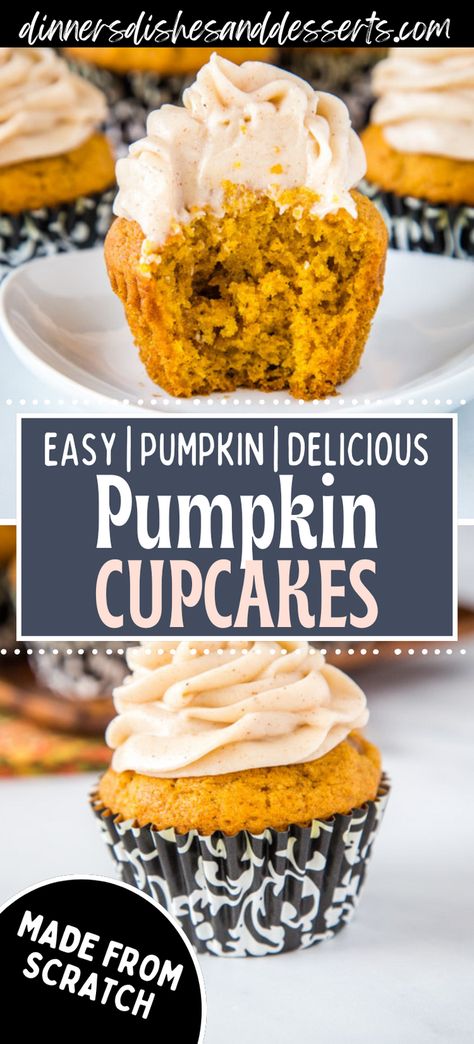 Pumpkin Spice Cupcakes with Cream Cheese Frosting – tender pumpkin cupcakes up all the delicious fall spices and topped with a cinnamon flavored cream cheese frosting.  #fallrecipes #falldesserts #pumpkinrecipes #pumpkincupcakes Pumpkin Spiced Cupcake, Pumpkin Cupcakes Recipes, Pumpkin Spice Cupcakes Recipe, Flavored Cream Cheese Frosting, Gluten Free Pumpkin Cupcakes, Pumpkin Cupcakes Easy, Fall Cupcake Ideas, Easy Pumpkin Cupcakes, Pumpkin Cupcakes With Cinnamon Cream