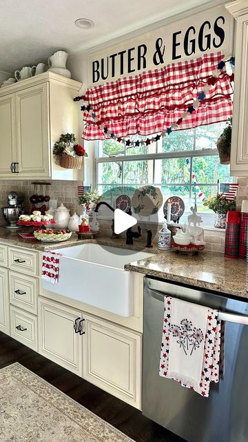 Trisha Hiatt ~ French Country Decor~ Seasonal Decor on Instagram: "Happy Monday! ♥️I hope your weekend was great! Ours was so much fun and we have a good week ahead! Sutton is off to Vacation Bible School and I’m going thrifting with a friend. I’m still loving the red, white, and blue in my summer kitchen!! Have a marvelous first June Monday, sweet friends!!   #frenchcountrykitchen #frenchcountrystyle #kitchendesign #kitcheninspiration #inmykitchentoday #cottagekitchen #countrykitchens #cozykitchen #galleykitchen #summerkitchen #cottagedecor #frenchcountrycottage" Red Farmhouse Kitchen, Kings Hawaiian Sliders, Hawaiian Sliders, Have A Great Thursday, Red And White Kitchen, Red Farmhouse, Not Done Yet, Sunday Friends, Happy Sunday Friends