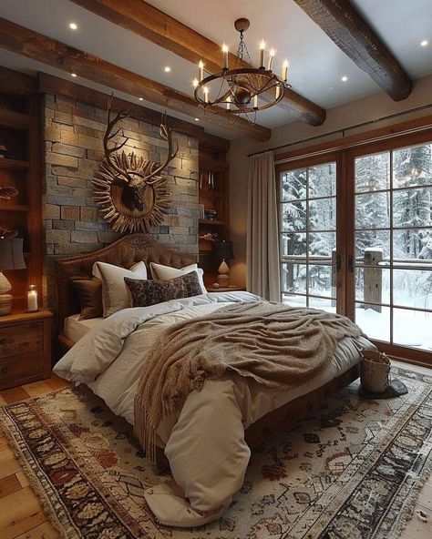 Bedroom Decor Barnhouse, Mountain House Interior Bedroom, Modern Cabin Master Bed, Cool Master Bedrooms, House Design Interior Bedrooms, Country Master Bed, Mountain Lodge Bedroom Master Suite, Log Home Bedroom Ideas, Country Aesthetic Bedroom