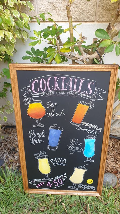 Blackboard handpainted with cocktails. Brightly coloured to attract attention. Cocktail Boards Chalk, Chalk Art Cocktail, Home Bar Chalkboard Ideas, Chalkboard Cocktail Art, Blackboard Restaurant Ideas, Chalk Drink Menu Board Ideas, Chalkboard Bar Menu Signs, Bar Specials Board Signs, Bar Blackboard Ideas