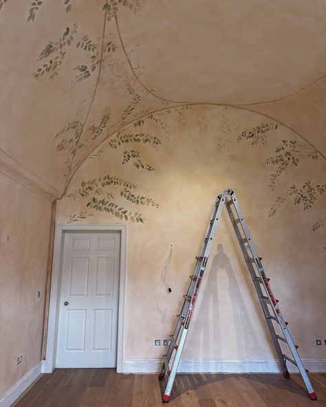 Tess Newall 🔆 | 🪜Leafy beginnings on a barrel ceiling dining room in the Scottish Highlands🍃 | Instagram Tess Newall, Ceiling Dining Room, Ceiling Room, Stairway Wall, Barrel Ceiling, Old Victorian Homes, Lime Paint, Gorgeous Doors, Attic Rooms