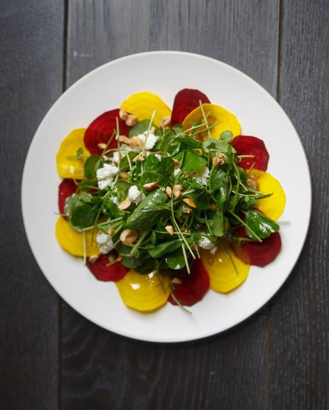 Raw Beet Salad with Baby Arugula, Goat Cheese, and Hazelnuts Raw Beet Salad, Beet Goat Cheese Salad, Hazelnut Recipes, Beet And Goat Cheese, Raw Beets, White Balsamic, Vegan Salads, Baby Arugula, Beet Recipes