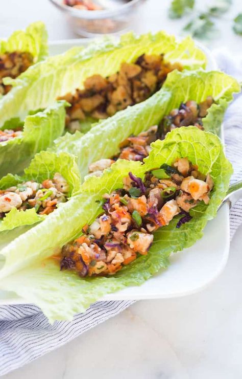 Thai Chicken Lettuce Wraps - Tastes Better From Scratch Side Dish With Chicken, Thai Chicken Lettuce Wraps, Salat Wraps, Sides For Chicken, Tastes Better From Scratch, Lettuce Wrap Recipes, Grape Salad, Chicken Lettuce Wraps, Thai Chicken