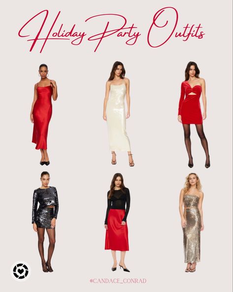 Holiday Party Outfits | Black Reds and Gold Outfits for Holiday Parties. Red Outfits Classy, White Christmas Party Theme, Red Christmas Party, White Christmas Party, Holiday Outfit Ideas, Red Outfits, Slip Midi Dress, Christmas Party Themes, Outfits Classy