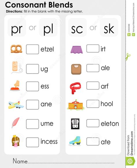 Consonant Blends : Missing Letter - Worksheet For Education - Download From Over 65 Million High Quality Stock Photos, Images, Vectors. Sign up for FREE today. Image: 50906388 Consonant Blends Activities, Consonant Blends Worksheets, Free English Worksheets, Blends Activities, Phonics Blends, Letter Blends, Blends Worksheets, Blending Sounds, Consonant Blends