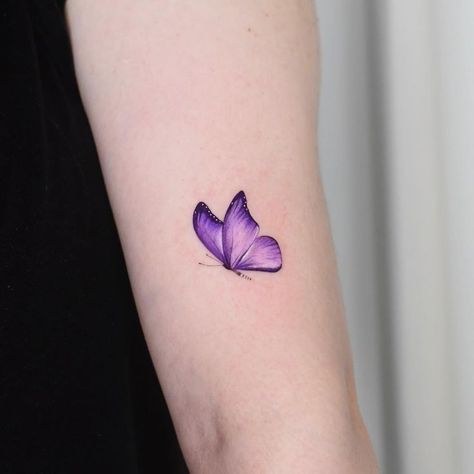 Purple Butterfly Tattoo Purple Butterfly Tattoos, Purple Rose Tattoos For Women, Butterfly Tattoo Purple, Purple Ink Tattoo, Purple Tattoo Ink, Female Sleeve Tattoo, Purple Heart Tattoos, Purple Tattoo, Purple Flower Tattoos