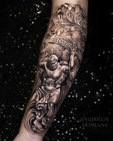 ⚜️ ATLAS ⚜️ #atlas #atlastattoo #atlastattoos #greekmythology #sleeve #sleevetattoo #tattoooftheday #tattooart #blackandgrey #toronto #torontotattoo #anthrillermontana | By Anthriller Montana | Done at Bamboo Tattoo Studio | Dec 5th 2020 | 1488118 Hercules Tattoo, Greek God Tattoo, Atlas Tattoo, Poseidon Tattoo, Zeus Tattoo, Tattoo Background, Greek Mythology Tattoos, Men Tattoos Arm Sleeve, Cool Arm Tattoos