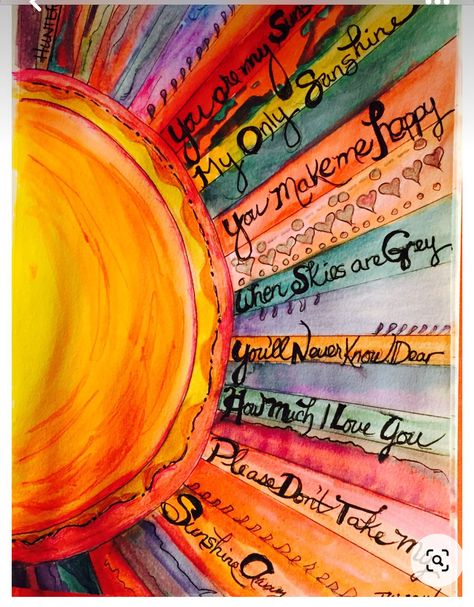 Sun Mixed Media Art, Sunshine Watercolor Painting, Sunshine Cards Ideas, Sunshine Painting Ideas, You Are My Sunshine Painting, Sunshine Canvas Painting, Sunshine Drawing, Happy Abstract Art, Sunshine Watercolor