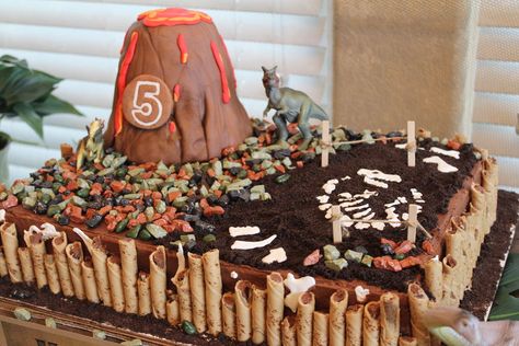 Dinosaur Fossil Excavation with Volcano Paleontologist Birthday Cake, Gingerbread Dinosaur, Paleontologist Party, Volcano Birthday, Volcano Cake, Dino Dig, Jurassic Park Birthday, Dinosaur Dig, Collage Jewelry