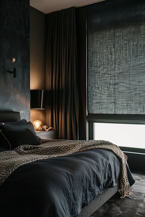 blinds-and-curtains-together What Color Curtains With Black Walls, Black Room With Curtains, Dark Room Curtain Ideas, Dark Room Curtains, Grey Room Curtain Ideas, Dark Bedroom Curtains, Gray Curtains Bedroom Ideas, Moody Bedroom Curtains, Black Curtains Bedroom Ideas