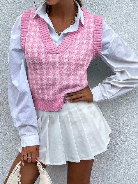 Pink Vest Outfit, Sweater Vest Outfit Women, Houndstooth Outfit, Pattern Sweater Vest, Sweater Vest Outfit, Preppy Sweater, Sweater Vests, Deal With The Devil, American Girl Clothes