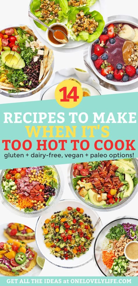 14 Recipes to Make When It's Too Hot to Cook. These Low-Cook and No-Cook Dinners are Perfect for a Hot Day! Gluten-Free, Dairy-Free, Vegan, and Paleo Options Included! Lite Summer Meals, Dinners For Hot Days, Crockpot Summer Meals, No Oven Meals, Crockpot Recipes Gluten Free, Meals For Hot Days, Crockpot Summer, Crockpot Recipes For Dinner, Recipes For Hot Days