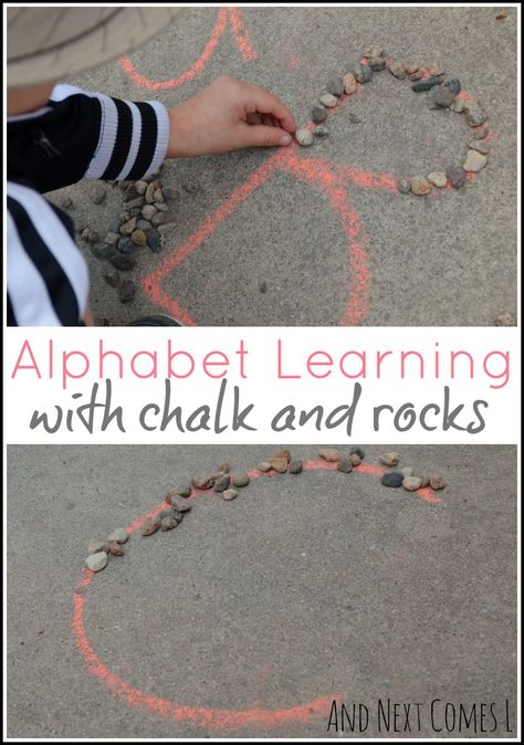 Outdoor alphabet learning for toddlers and preschoolers using chalk and rocks from And Next Comes L Letter E Activities, Learning For Toddlers, Outdoor Learning Activities, Alphabet Learning, Nature School, Outdoor Education, Preschool Literacy, Outdoor Classroom, Toddlers And Preschoolers