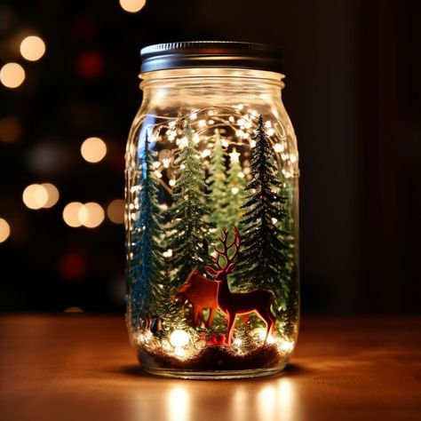 Snowy Mason Jars Diy Crafts, Light Up Jars Diy, Mason Jar Snow Globes Diy, Mason Jar Christmas Crafts With Lights, Lighted Christmas Mason Jar Crafts, Christmas In A Jar Decoration, Mason Jar Crafts Christmas Gifts, Christmas Diy Glass Jars, Christmas Crafts Jars