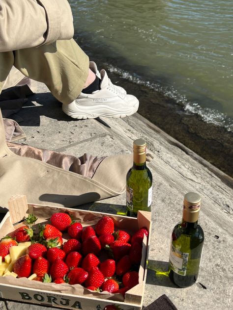 #picnic #seine #river #wine #strawberries #paris #date #dateidea Wine Strawberries, River Picnic, Paris Picnic, Paris Date, Wine Picnic, Summer Abroad, 2024 Travel, River Seine, Seine River