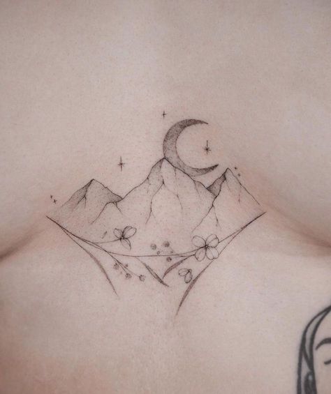 Mountains And Stars Tattoo, Star Mountain Tattoo, Acotar Ramiel Mountain Tattoo, Mountain Tattoo Back, Minimalistic Mountain Tattoo, Acotar Mountain Tattoo, Upper Leg Tattoos Women, Cool Nature Tattoos, Nepal Tattoo