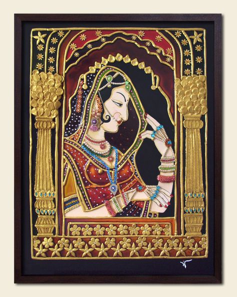 Painting Name is Jharokha It is Meenakari Painting a traditional art of coloring and ornamenting the surface of metals by fusing over it brilliant enamel colors that are decorated in an intricate designs.  The traditional style i have used on the board. The outlines are made with the help of ceramic paste and colors used are enamel colors. Beautiful decorated with Rhine stones and Kundan stones. Meenakari Painting Design, Jharokha Painting, Meenakari Painting, Ceramic Paste, Stencil Patterns Templates, Rajasthani Painting, Indian Traditional Paintings, Glass Painting Patterns, Clay Wall Art