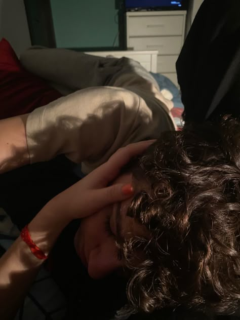 Stroking Hair Couple, Curly Boyfriend Aesthetic, Boyfriend Laying In Lap, Earthy Couple Aesthetic, Grumpy Boyfriend Aesthetic, Girl Comforting Guy, Curly Hair Boyfriend Aesthetic, Photos To Recreate With Boyfriend Spicy, Playing With His Hair Couple