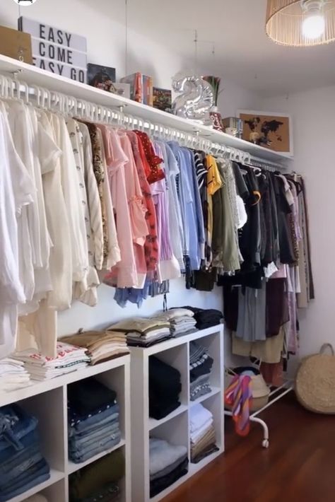 Clothing Organization Ideas No Closet, Room With Open Closet, Bedroom Into Walk In Closet Diy, In Room Closet Ideas, How To Organize A Room With No Closet, Open Face Closet, Diy Closet Small Room, Alternative Wardrobe Ideas, Diy Closet Hanging Storage