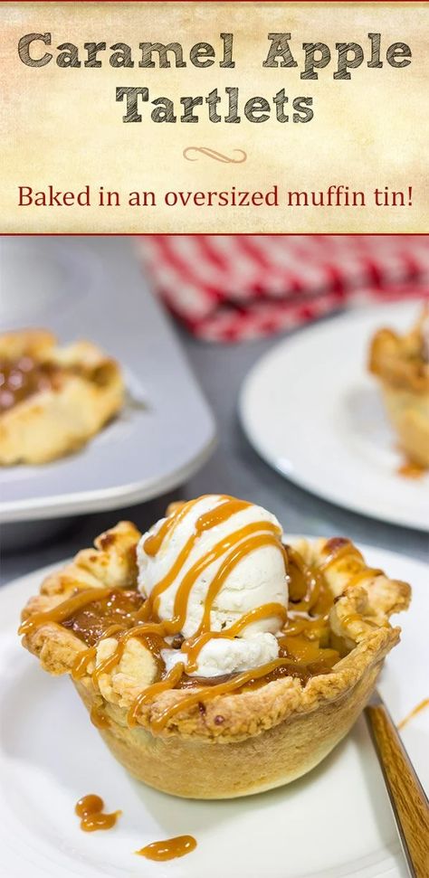 Caramel Apple Tartlets | Baked in an over-sized muffin tin! Caramel Apple Tartlets, Apple Tartlets, Mini Tartlets, Pumpkin Swirl Cheesecake, Sweet Potato Thanksgiving, Tartlets Recipe, Holiday Baking Recipes, Mini Apple Pies, Caramel Apple Pie