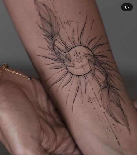 Moon Inside Sun Tattoo, Sun And Rose Tattoo, Sun Sleeve Tattoo, Sun Tattoo Aesthetic, Sun Inspired Tattoo, Boho Tattoo Ideas Hippie Bohemian, Sun Tattoo Designs For Women Beautiful, Yin Yang Fish Tattoo, Sun Spine Tattoo