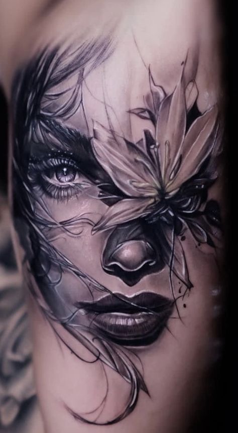 Faces Tattoos For Women, Half Face Tattoo Ideas, Realism Tattoo For Women, Woman’s Face Tattoo, Twoface Tattoo, Woman Silhouette Tattoo, Transformation Tattoo, Awesome Halloween Makeup, Unique Animal Tattoos