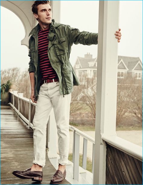 Clément Chabernaud channels a military ease in J.Crew's mechanic field jacket, white 770 jeans, Ludlow penny loafers and Saint James for J.Crew unisex Meridien II nautical t-shirt. Cool Jackets For Men, Masculinity Quotes, Mechanics Jacket, M65 Field Jacket, Quotes Empowering, J Crew Style, Empowering Words, Mens Fashion Rugged, J Crew Men