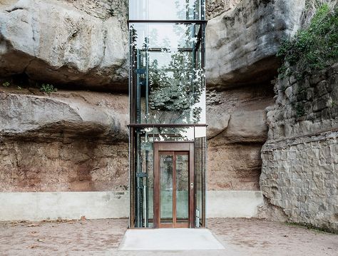 Gironella Elevator by Carles Enrich Modern Eco House, Eco House Design, Old Brick Wall, Glass Lift, Oil Platform, Elevator Design, Glass Elevator, Stadium Design, Glass Structure