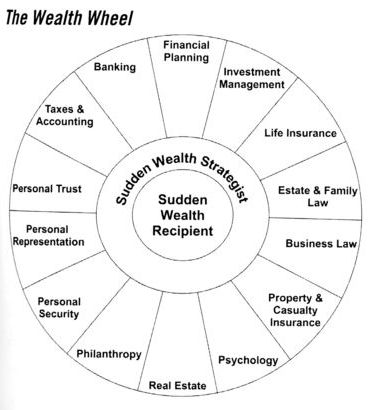 The Wealth Wheel consists of fourteen primary disciplines that all together make up a comprehensive wealth management process (from the book- SUDDEN WEALTH... Blessing or Burden?) Sudden Wealth, Family Wealth, Generational Wealth, Family Office, Business Law, Wealth Creation, Family Law, Wealth Management, Financial Planning