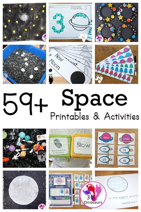 59 Space Activities & Printables for kids - from space printables, space crafts, space gross motor, space sensory bins and lots more space activites- 3Dinosaurs.com #spaceforkids #3dinosaurs #spaceprintables #spaceactivities #sensorybins #spacecrafts #spacegrossmotor Space Themed Activities For Kids, Space Sensory, Space Printables, Space Activities For Kids, 3 Dinosaurs, Homeschool Board, Kids Printables, Pre Writing Activities, Space Activities