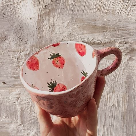 ceramic aesthetic, ceramic strawberry mug Ceramic Aesthetic, Ceramic Strawberry, Strawberry Mug, Pottery Cafe, Best Time To Buy, Ceramic Cafe, Ceramics Pottery Mugs, Diy Pottery Painting, Pottery Animals