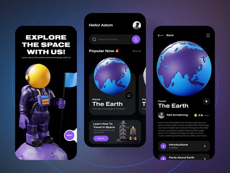 Space Learning App by Adom on Dribbble Hotel App, Planet App, Universe App, Coding Apps, App Design Layout, Photoshop Design Ideas, Mobile App Design Inspiration, Drinks Packaging Design, Music App