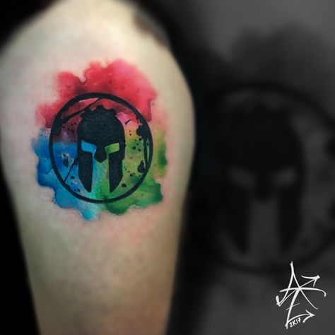 Spartan race watercolor logo tattoo by Adam Zimmer Spartan Race Tattoo, Spartan Race Logo, Spartan Trifecta, Shoulder Cap Tattoo, State Tattoos, Gang Tattoos, Spartan Tattoo, Army Tattoos, Racing Tattoos