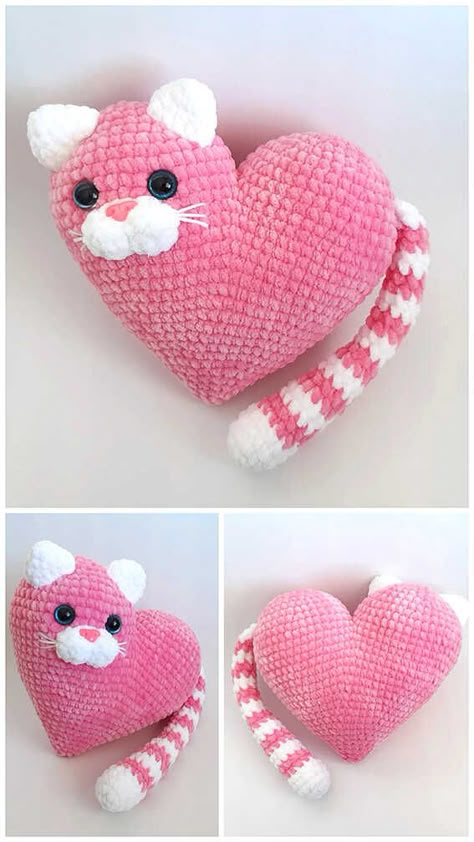 Kat Haken, Crochet Valentine Patterns, Crochet Valentine, Crochet Unique, Crochet Cat Pattern, Confection Au Crochet, Valentines Patterns, Handbags Patterns, Pola Amigurumi