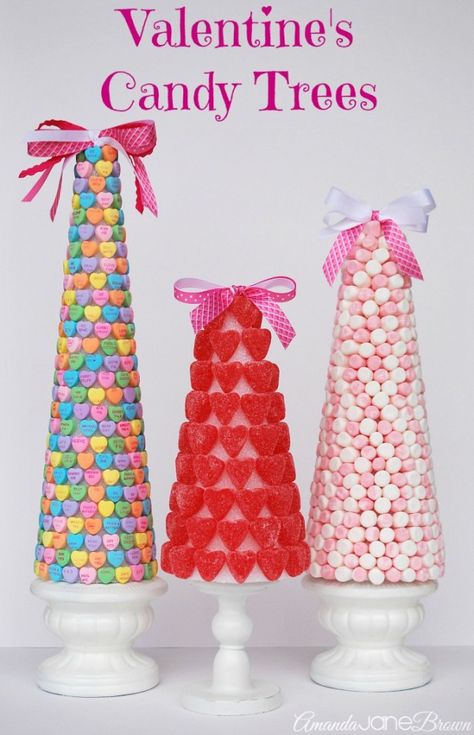 Valentine'sCandyTrees - Styrofoam cones found at Dollar Tree, Hobby Lobby or Michaels, candy hearts, gummy hearts, etc., glue, glue gun, ribbon and pedestal Valentines Idea, Candy Trees, Diy Valentines Day Wreath, Diy Valentine's Day Decorations, Valentine Tree, Diy Valentines Decorations, Diy Valentines Crafts, Valentine Day Wreaths, Valentine Candy