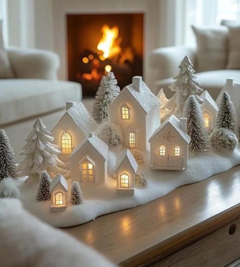 White Living Room Christmas Decor, Snowy Centerpiece Ideas, Winter Wonderland Home Decorations, White Wonderland Christmas Decor, White Theme Christmas Decor, Little White Houses Christmas Decor, White Ornaments Christmas Tree Ideas, Homemade Home Decor Ideas Crafts, Christmas Winter Wonderland Theme Decor